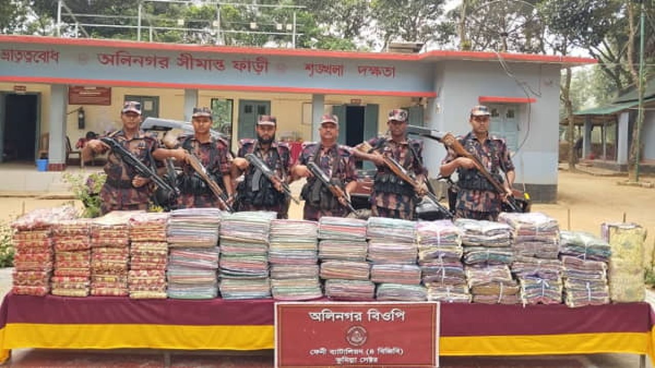 জোরারগঞ্জ সীমান্তে বিজিবির অভিযানে ৬২ লাখ টাকার ভারতীয় শাড়ি জব্দ